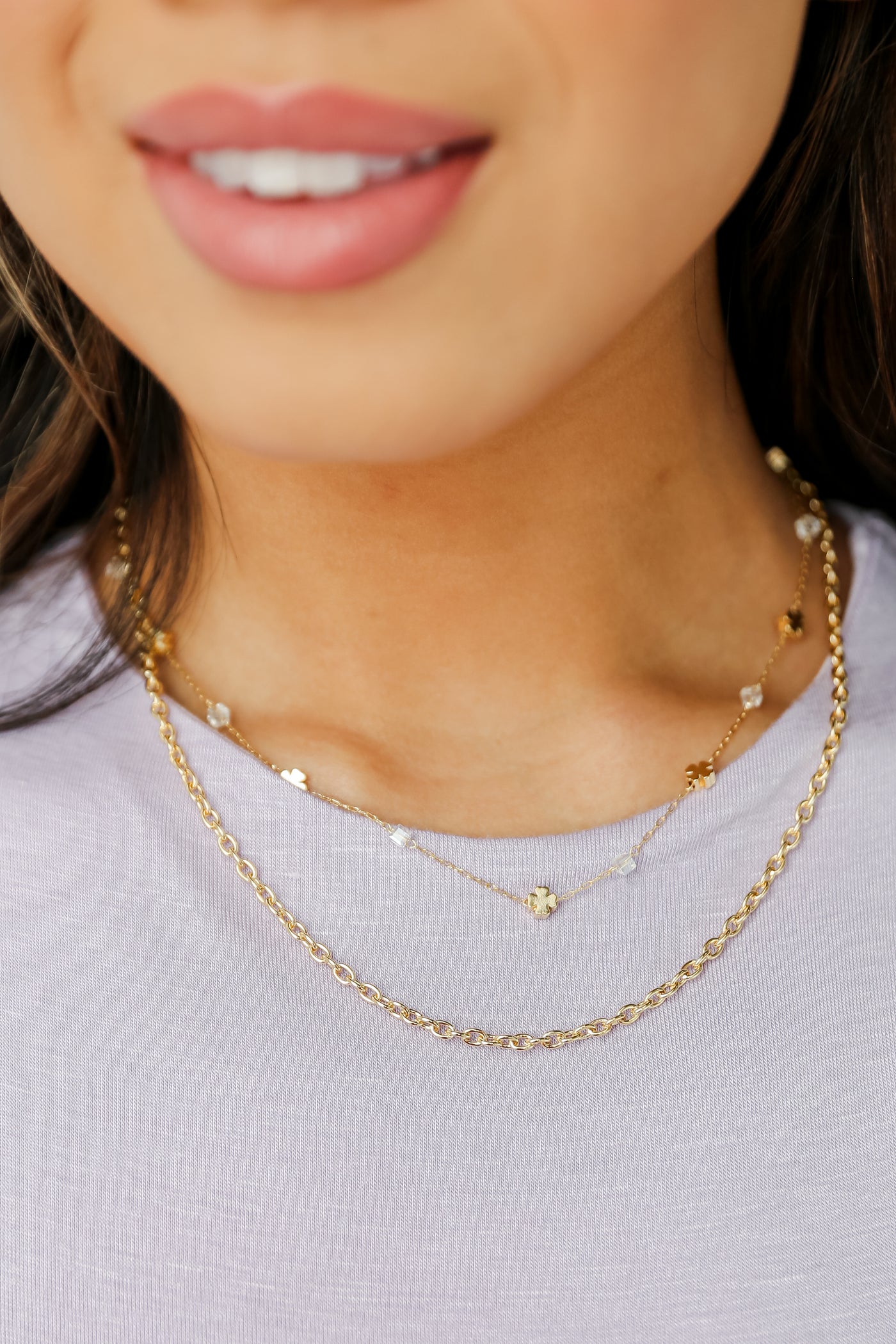 trendy Gold Four Leaf Clover Layered Chain Necklace