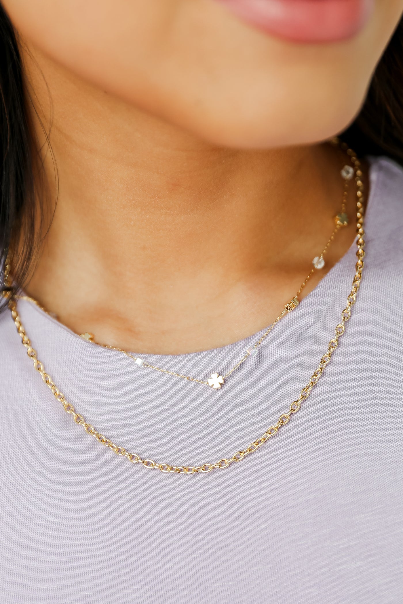 cute Gold Four Leaf Clover Layered Chain Necklace