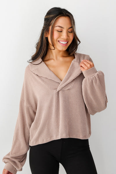 taupe Collared Corded Top front view