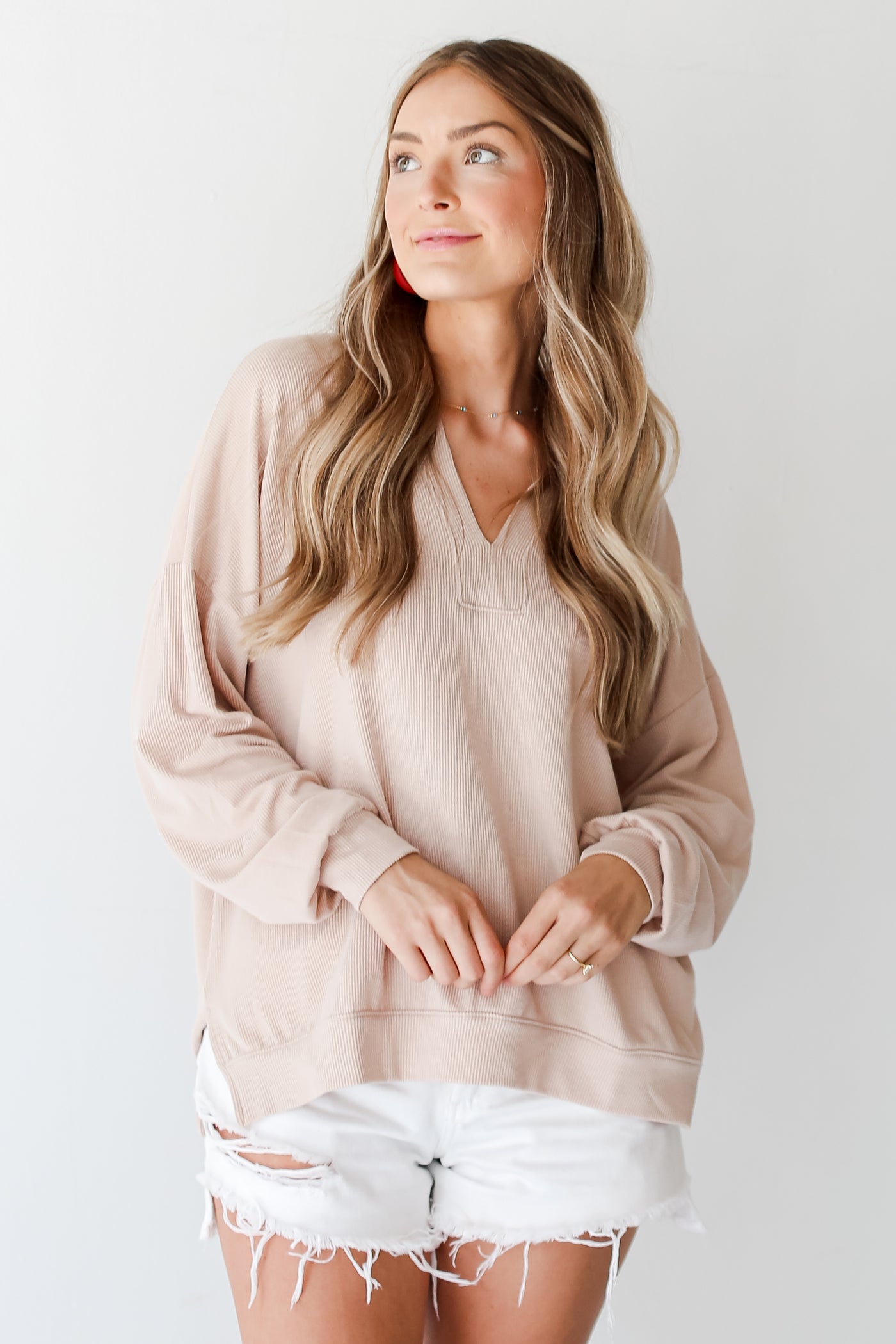 taupe Corded Collared Pullover on dress up model