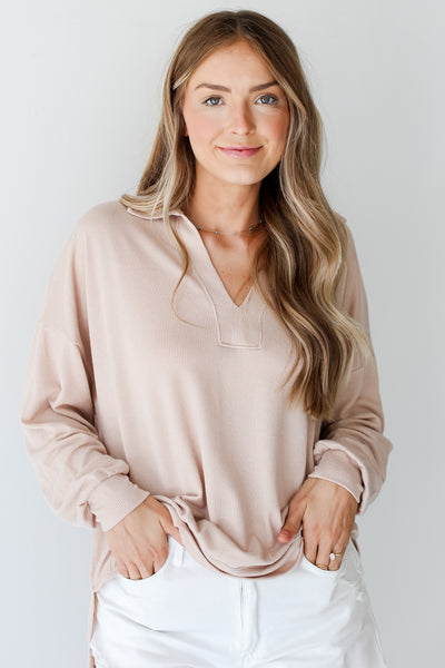 taupe Corded Collared Pullover