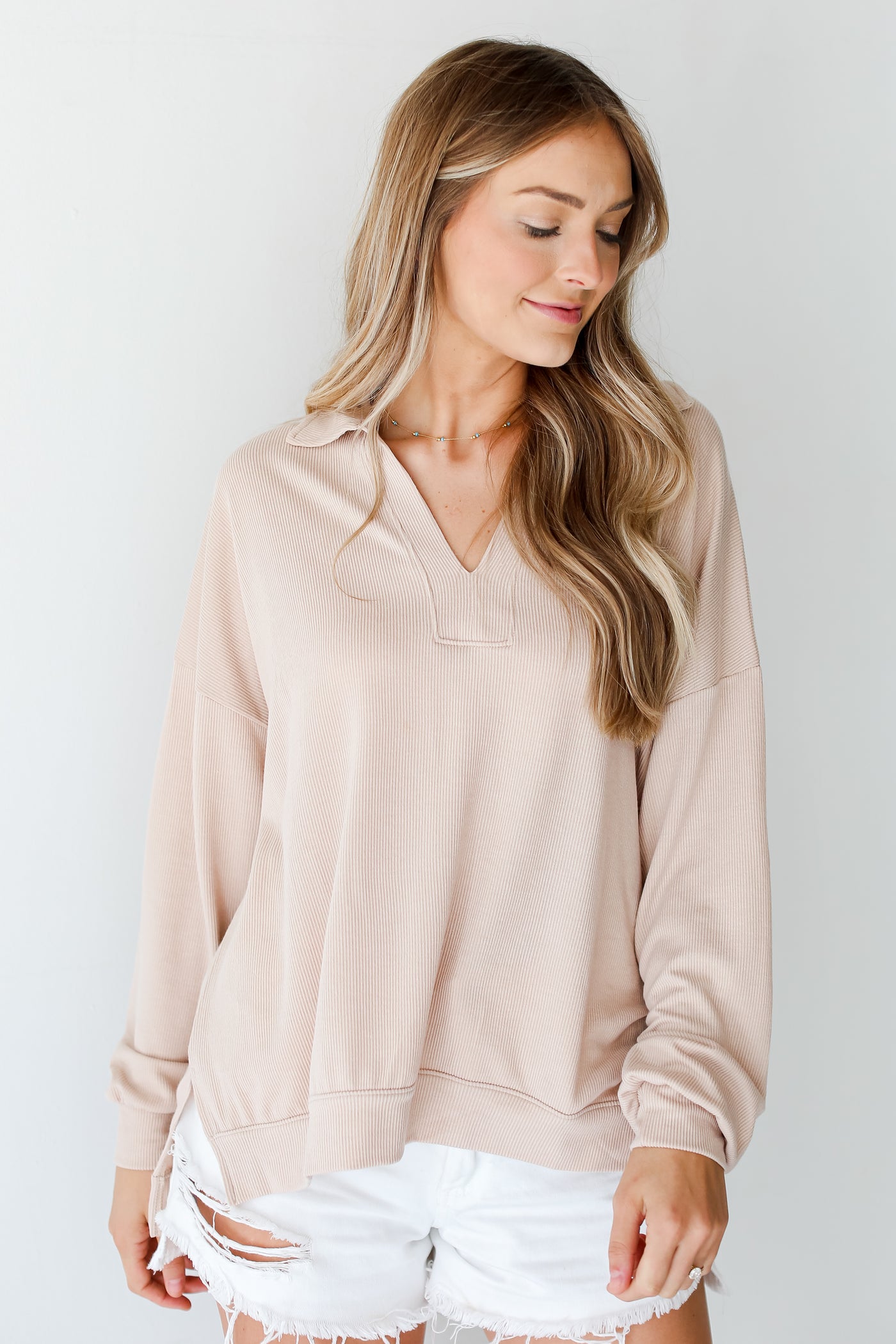 taupe Corded Collared Pullover on model