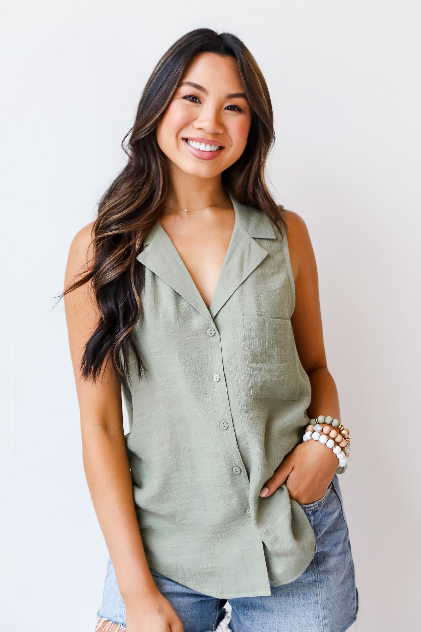 olive Collared Button-Up Tank on model