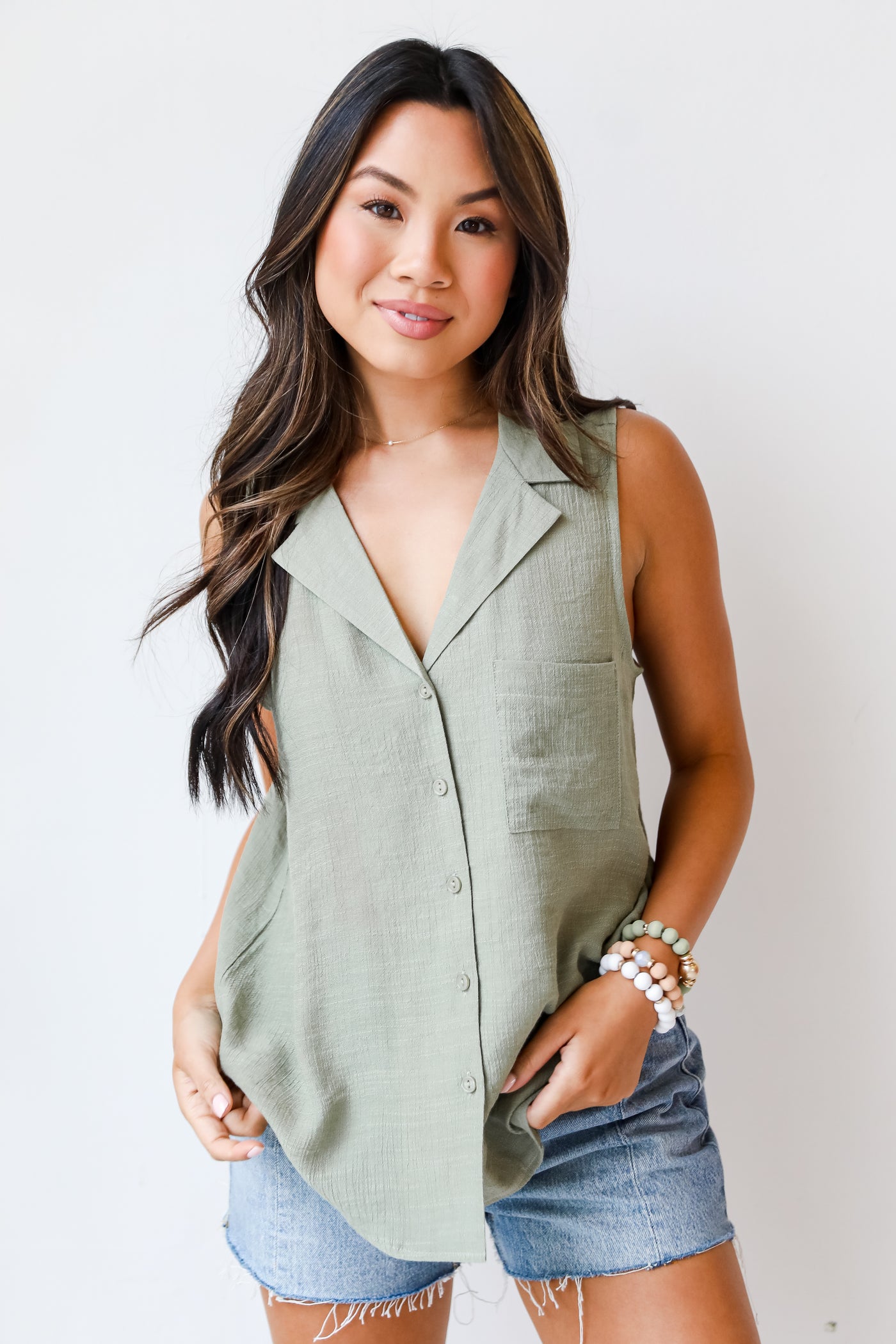 olive Collared Button-Up Tank