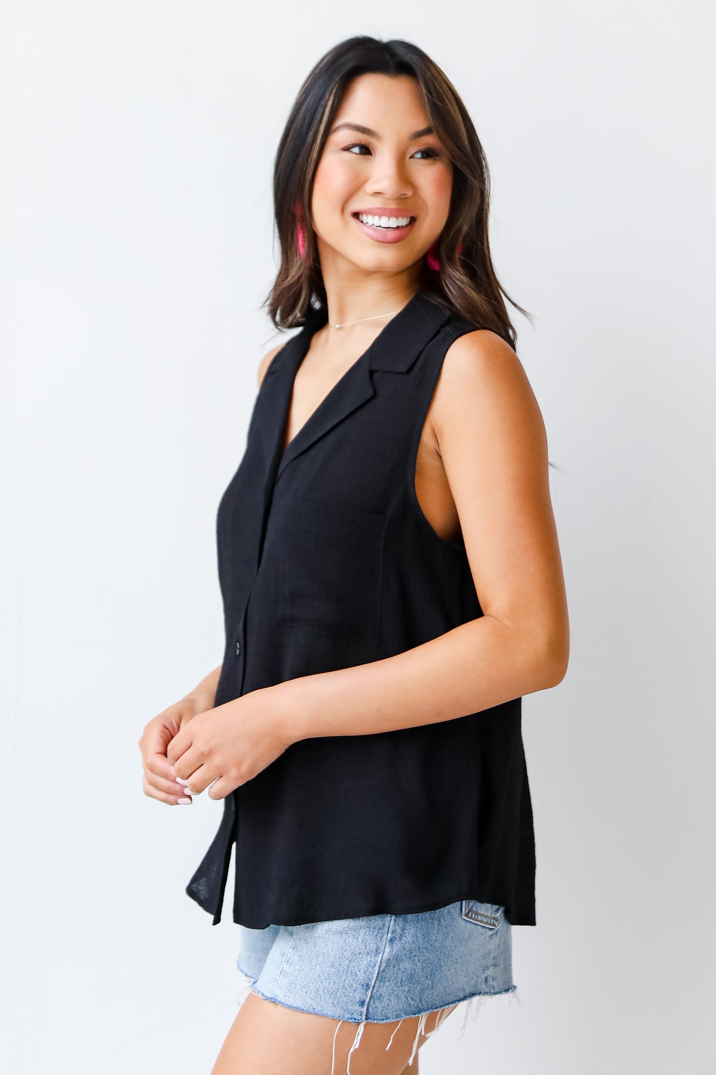 black Collared Button-Up Tank side view