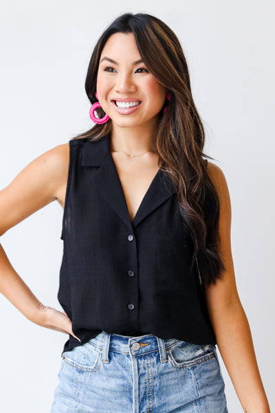 black Collared Button-Up Tank front view