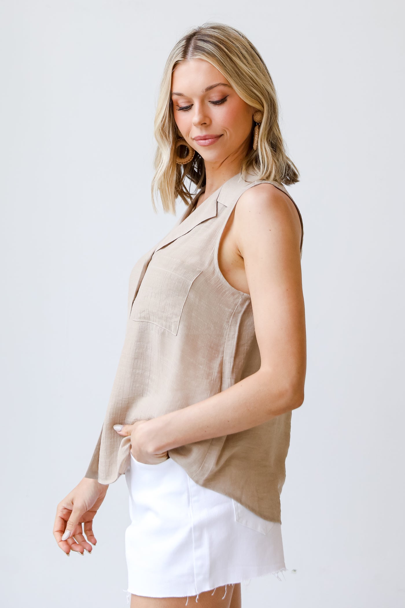 taupe Collared Button-Up Tank side view