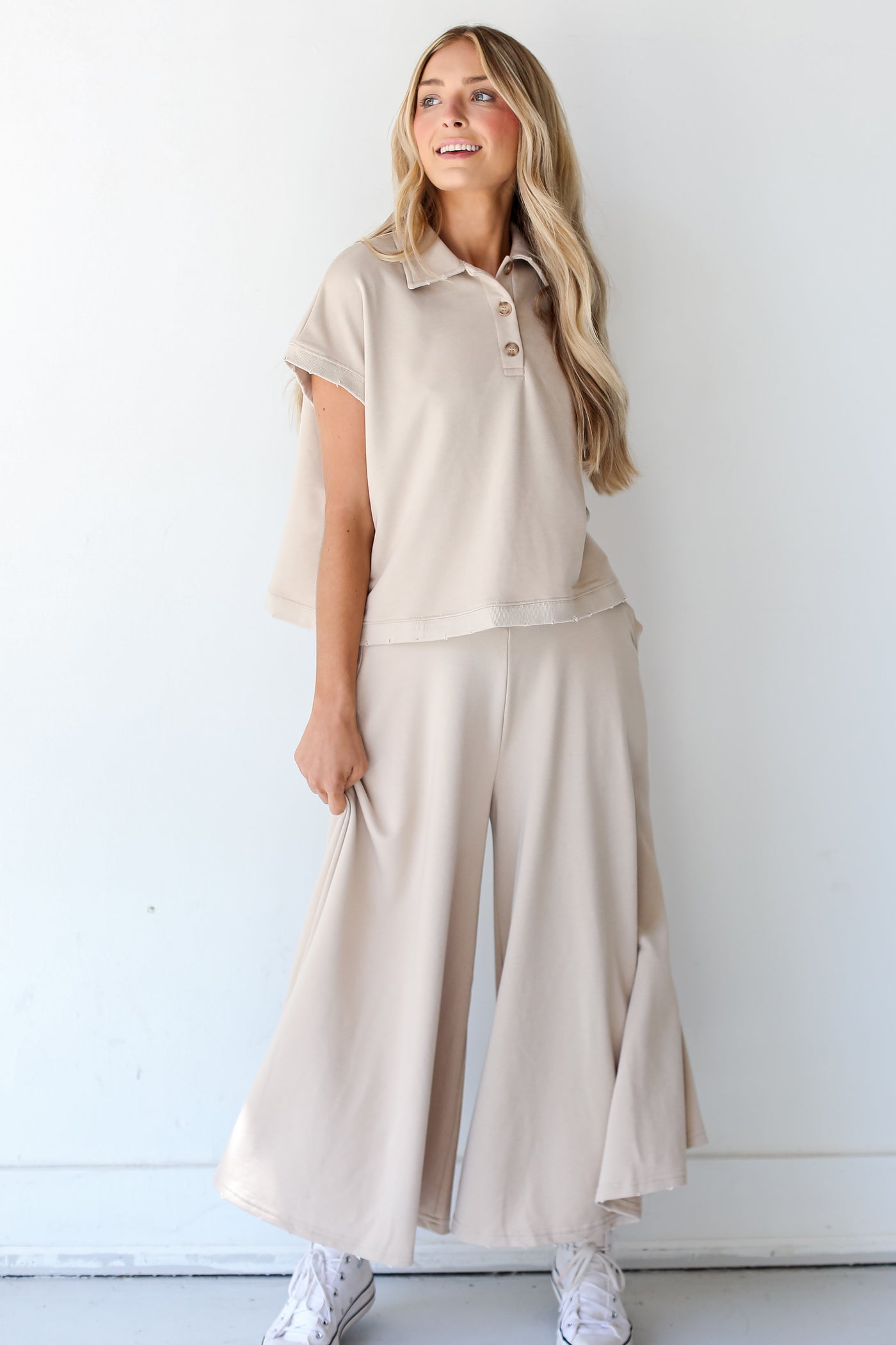 taupe Wide Leg Pants on dress up model