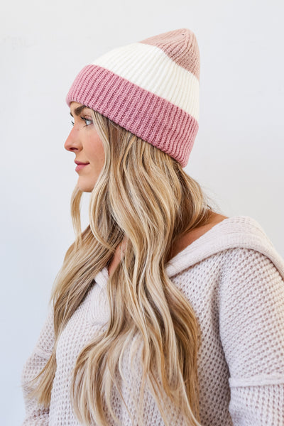 pink color block Beanie side view