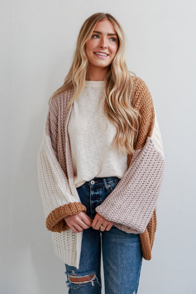 cozy Camel Color Block Sweater Cardigan