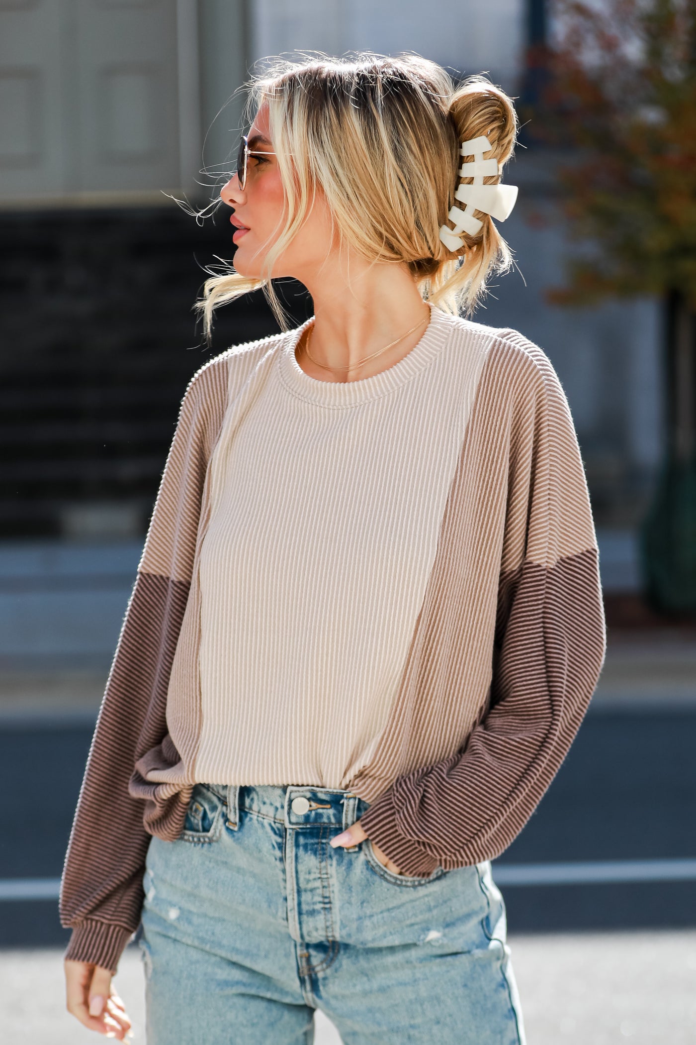 brown Oversized Color Block Corded Top