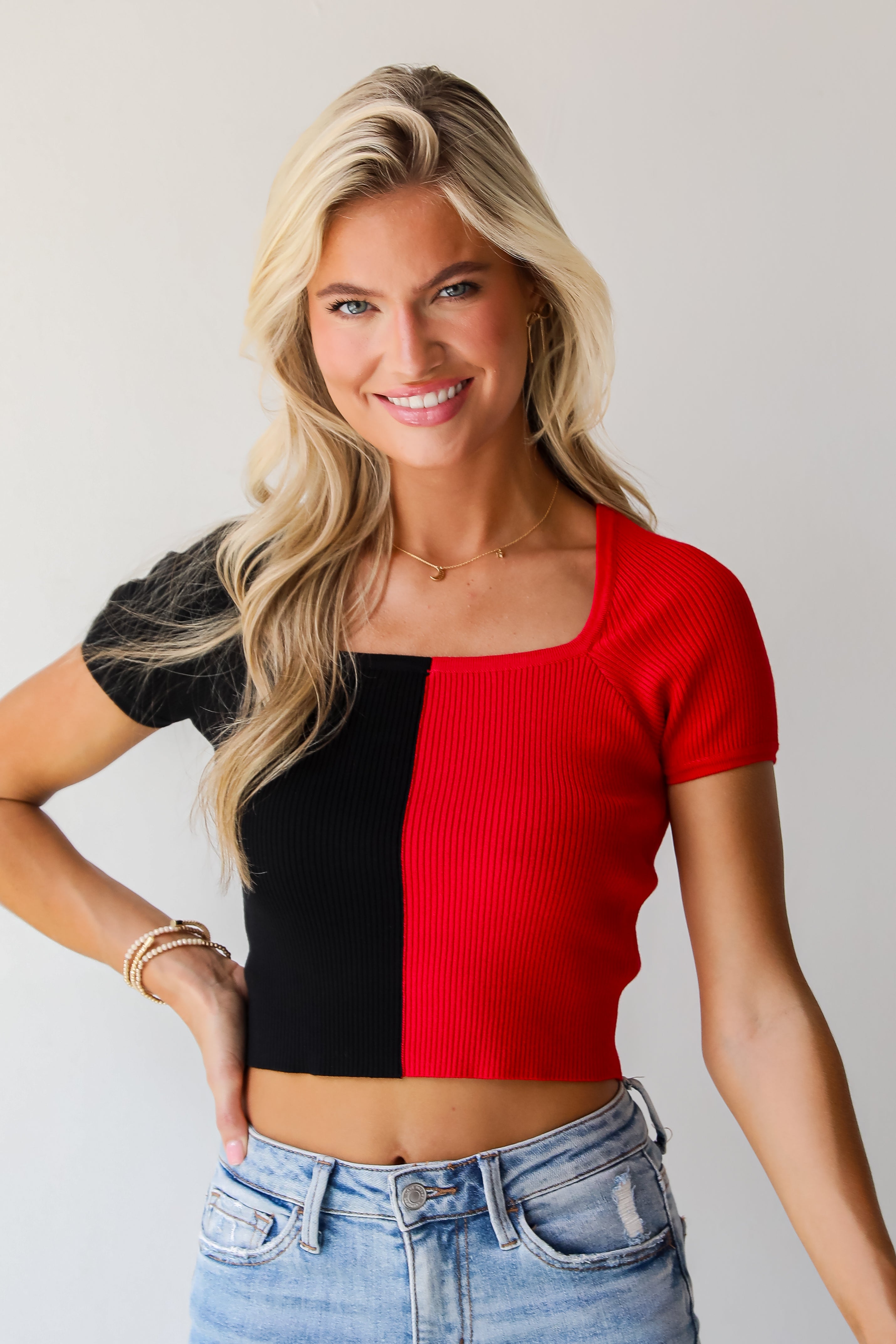 Red & Black Color Block Crop Top | Game Day Outfits | DressUp – Dress Up