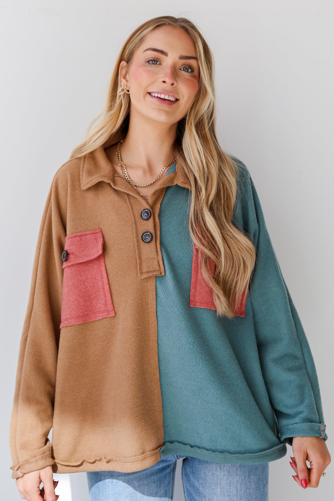 Color Block Oversized Henley Top close up