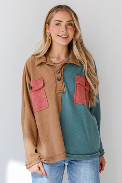Color Block Oversized Henley Top front view