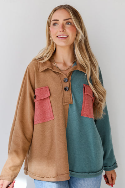 casual Color Block Oversized Henley Top