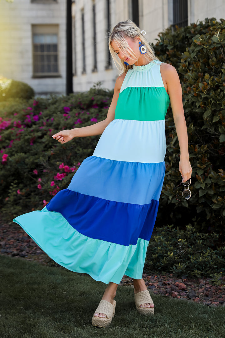 blue Color Block Maxi Dress