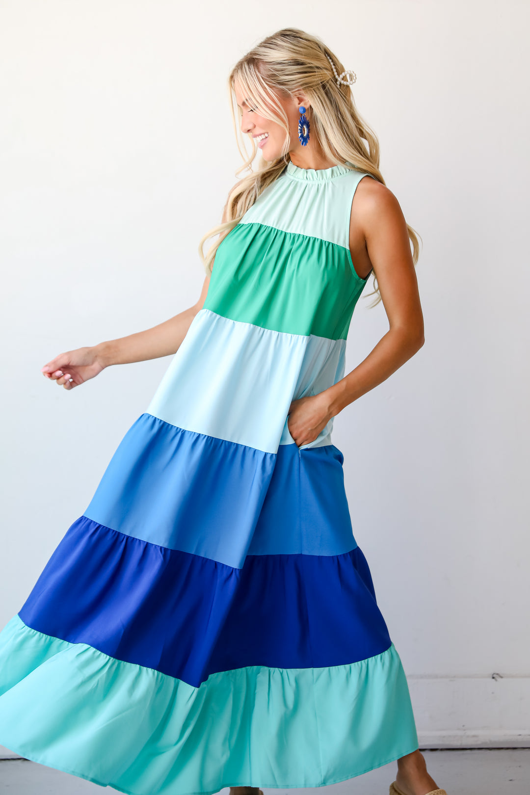 womens blue Color Block Maxi Dress