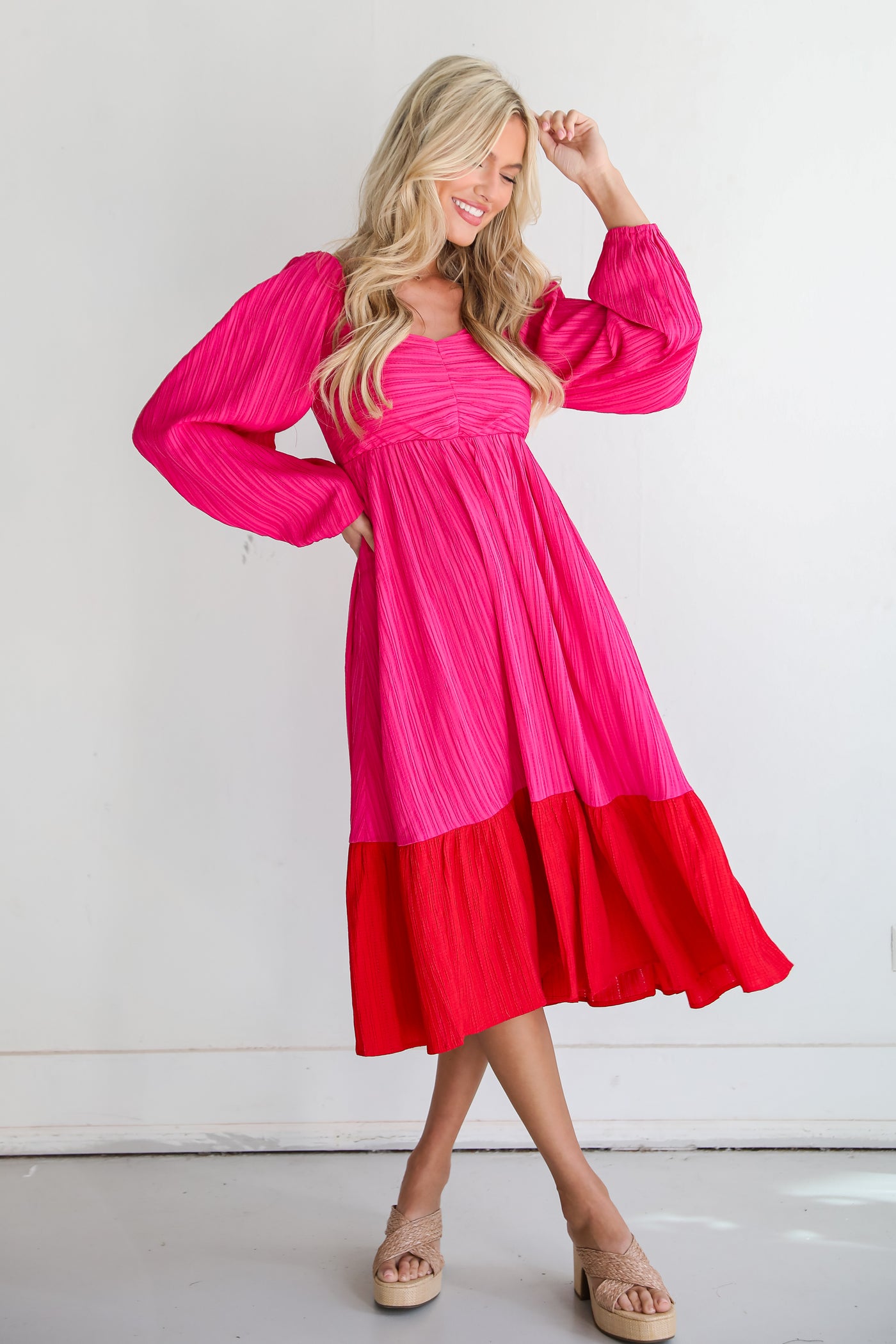 pink Color Block Midi Dress