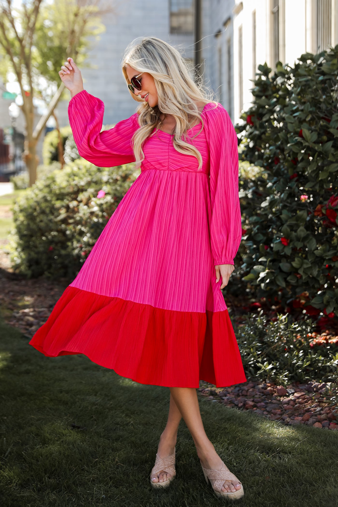 pink Color Block Midi Dress