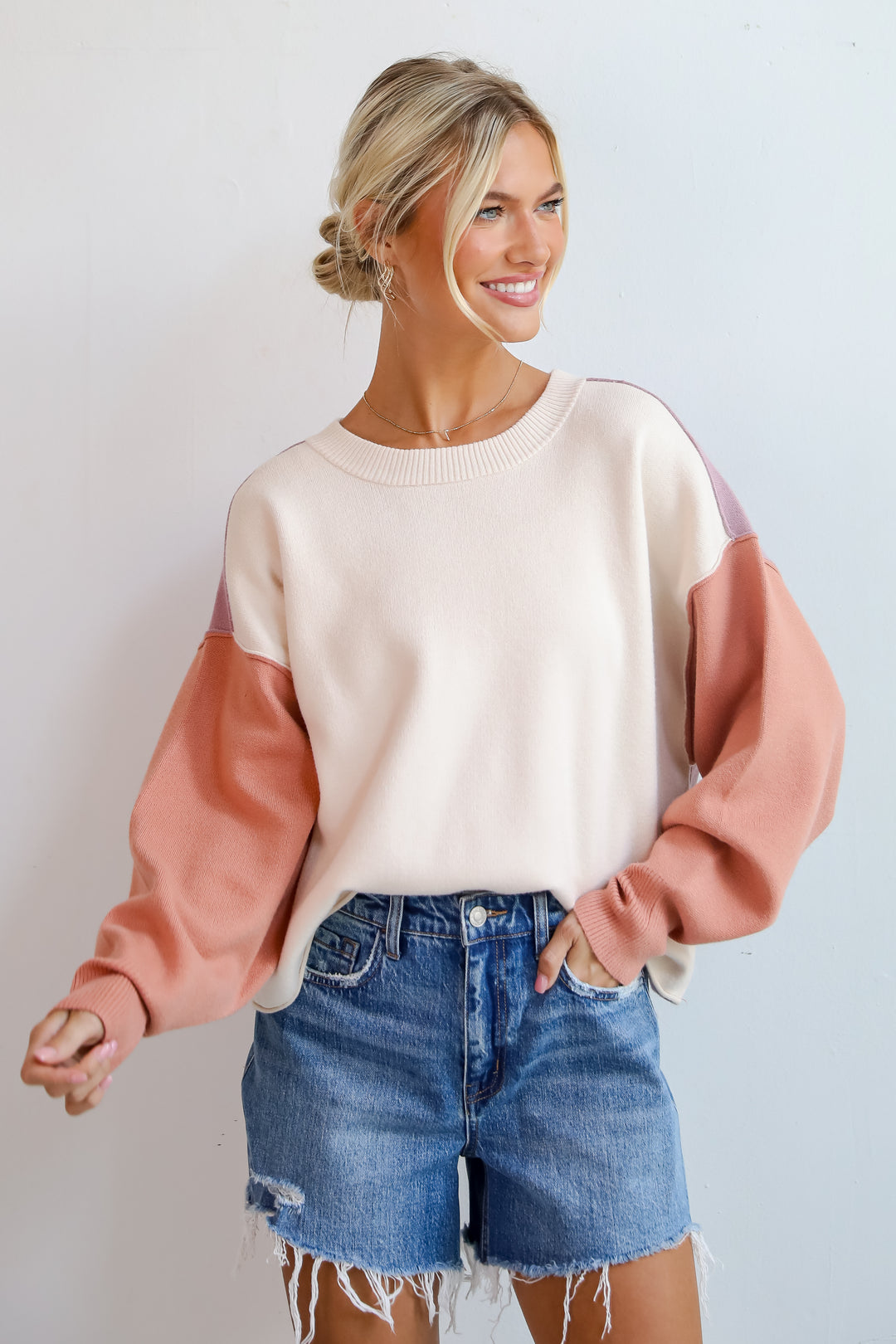 Complete Sophisticate Cream Color Block Sweater