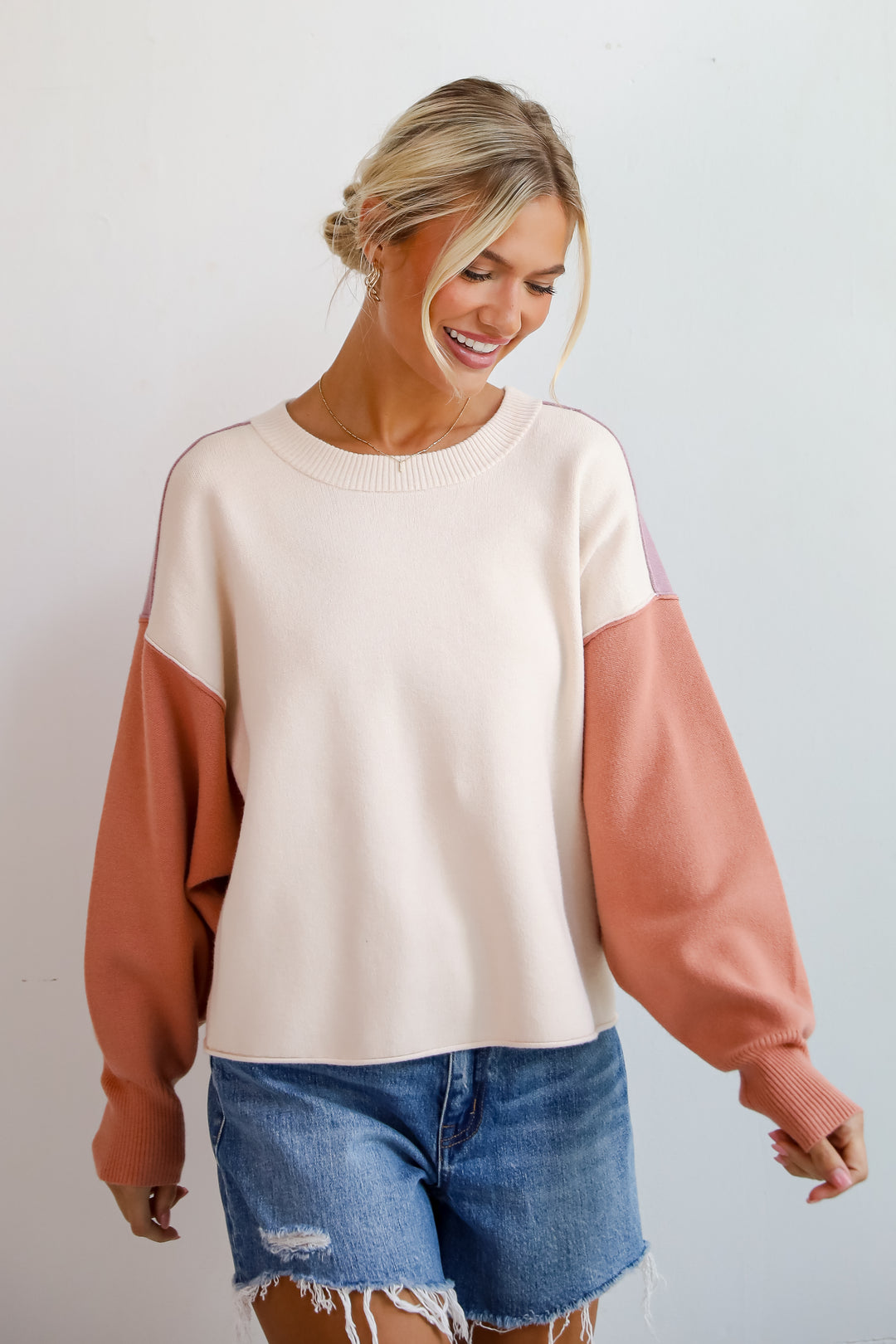 Complete Sophisticate Cream Color Block Sweater