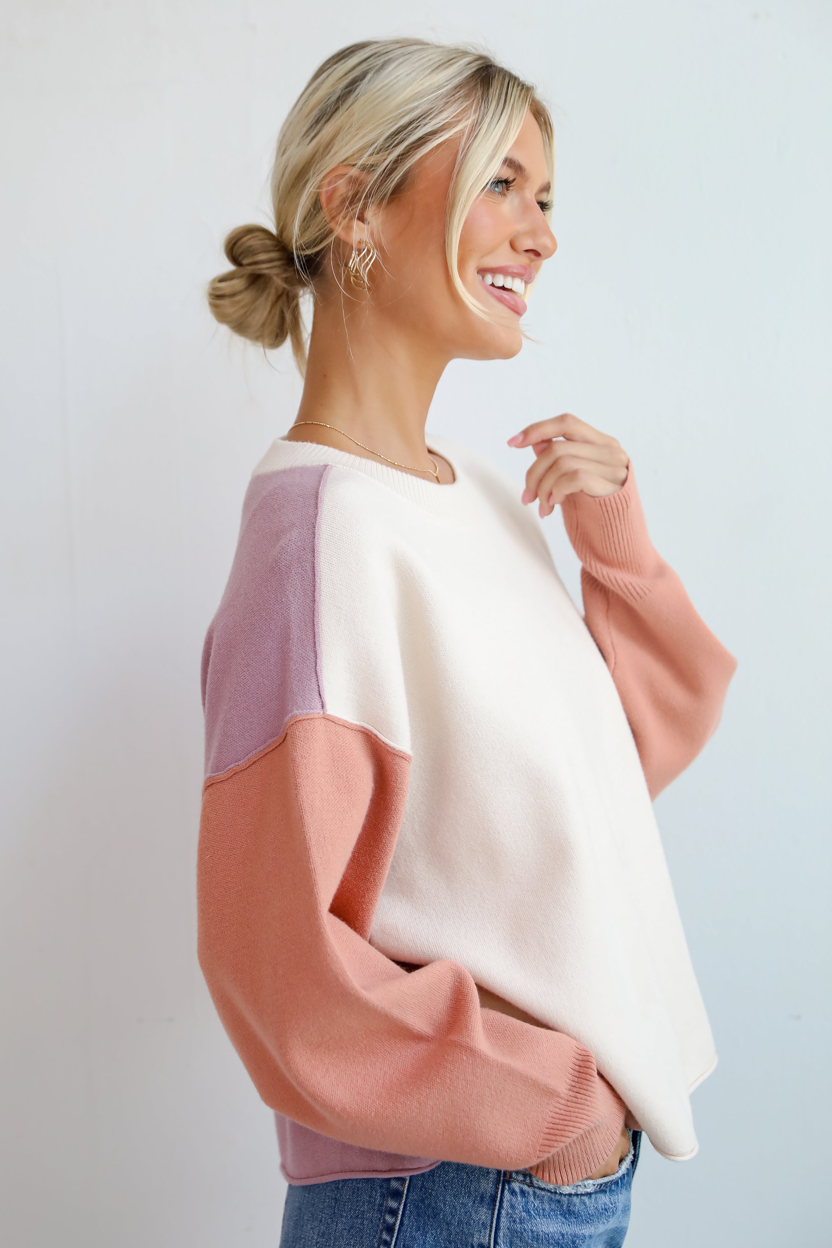 Cute Cream Color Block Sweater Trendy Sweaters ShopDressUp Dress Up