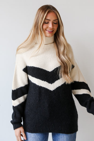 cozy Black Color Block Turtleneck Sweater