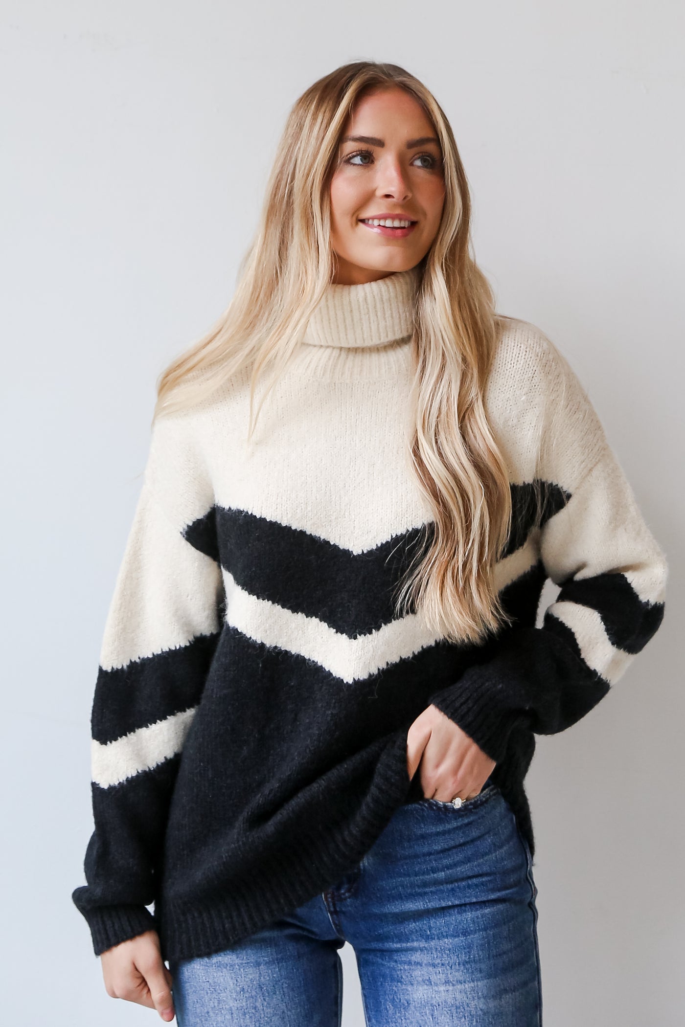 Black Color Block Turtleneck Sweater front view