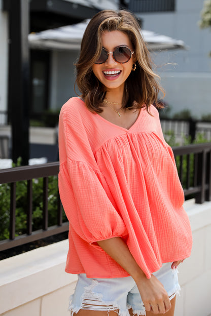 cute Coral Linen Babydoll Blouse