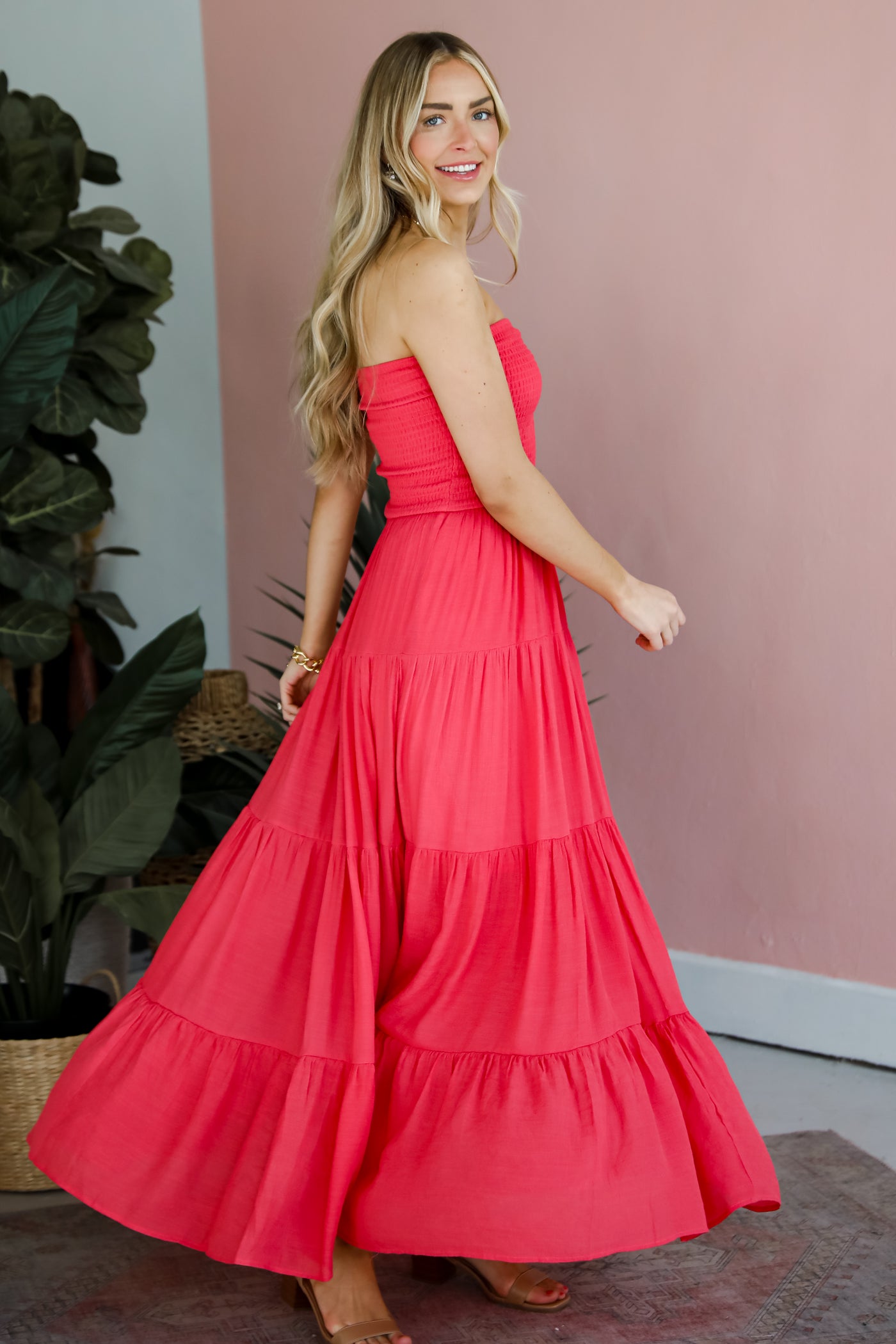 Getaway Mood Coral Strapless Tiered Maxi Dress vacation outfits