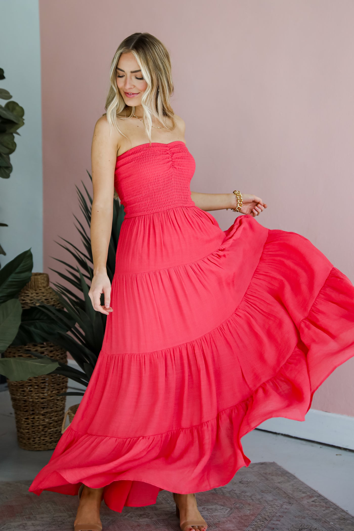 Getaway Mood Coral Strapless Tiered Maxi Dress pink dresses