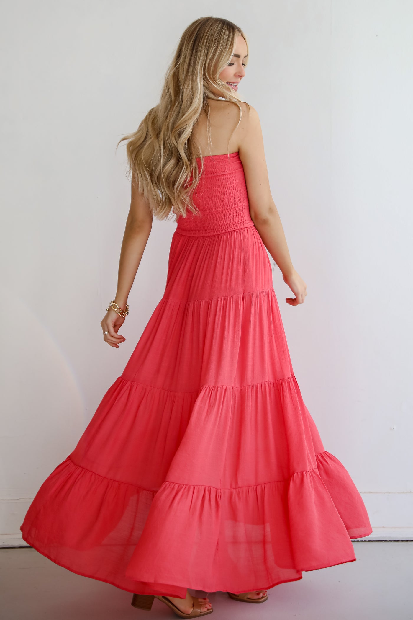 Getaway Mood Coral Strapless Tiered Maxi Dress coral dress