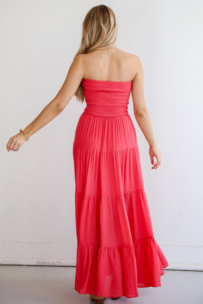 Getaway Mood Coral Strapless Tiered Maxi Dress trendy dresses