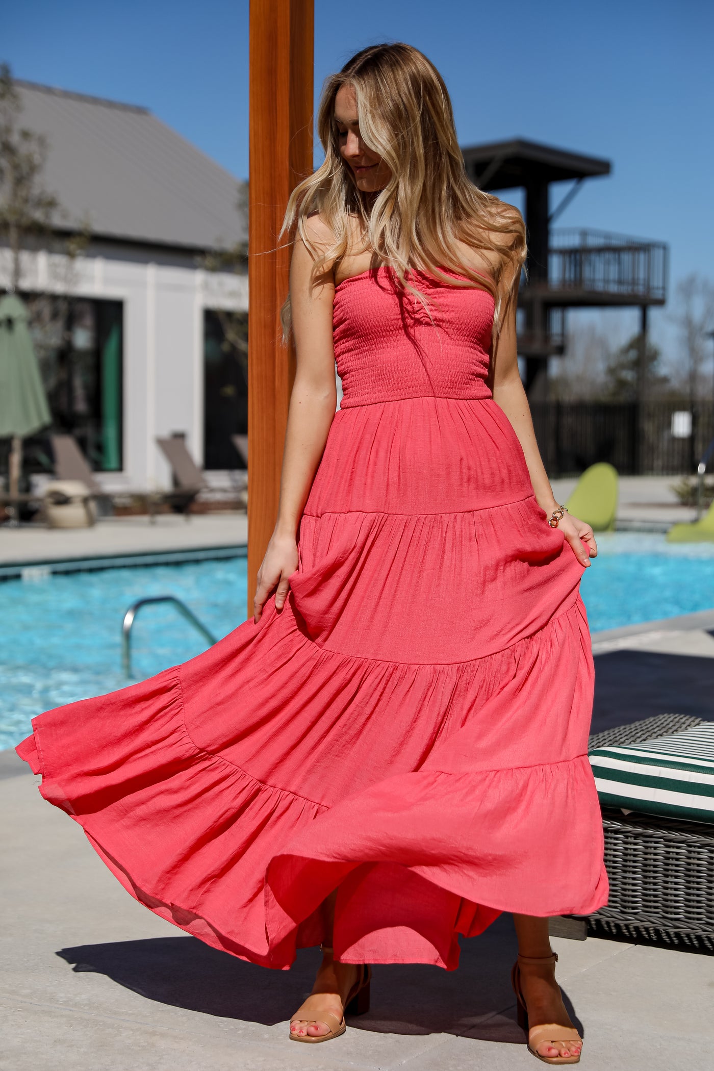 Getaway Mood Coral Strapless Tiered Maxi Dress Coral Strapless Tiered Maxi Dress