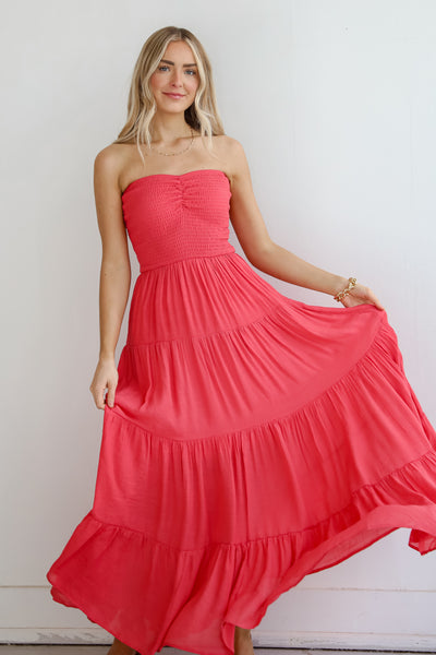 Coral Strapless Tiered Maxi Dress for women