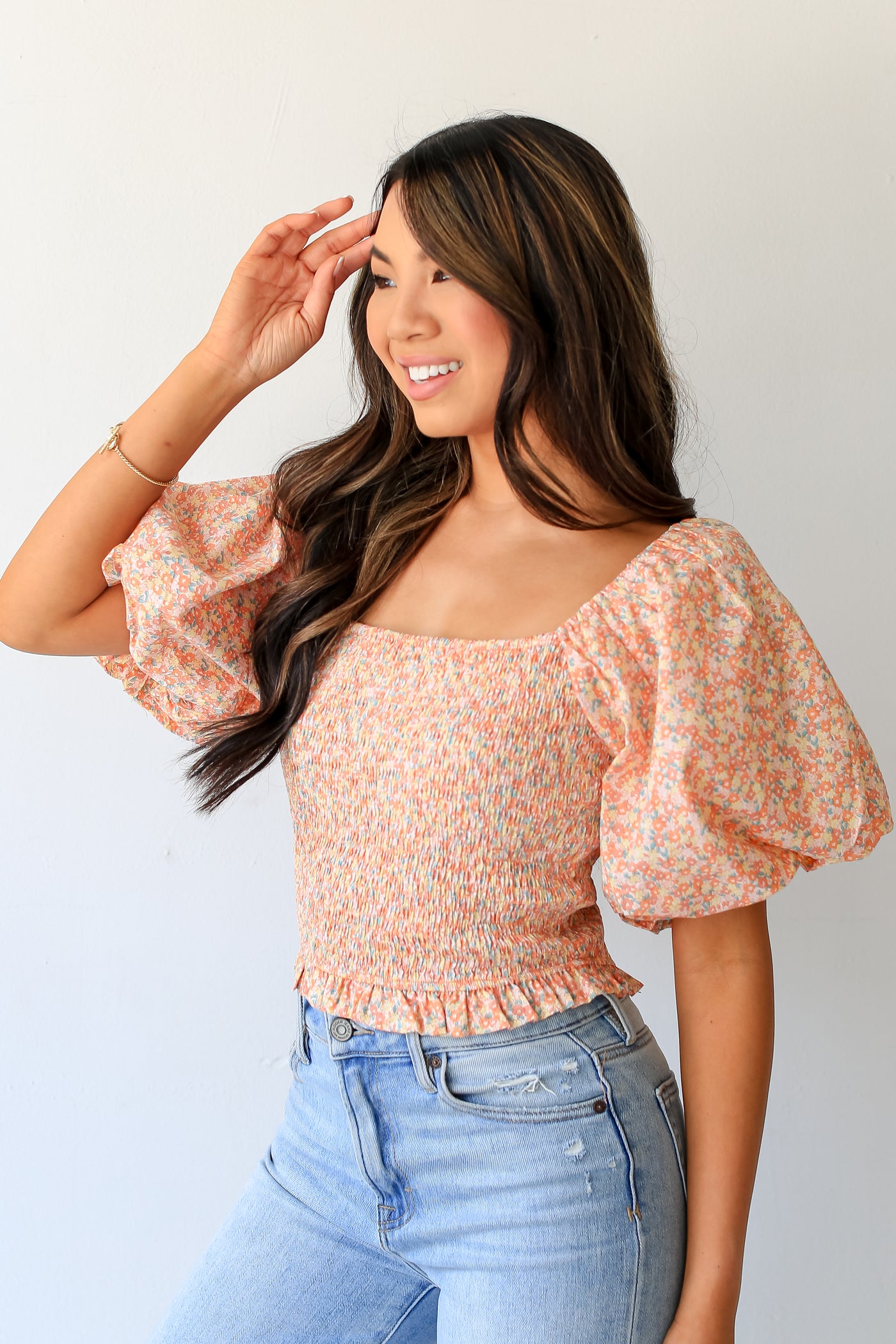 peach Floral Smocked Cropped Blouse side view