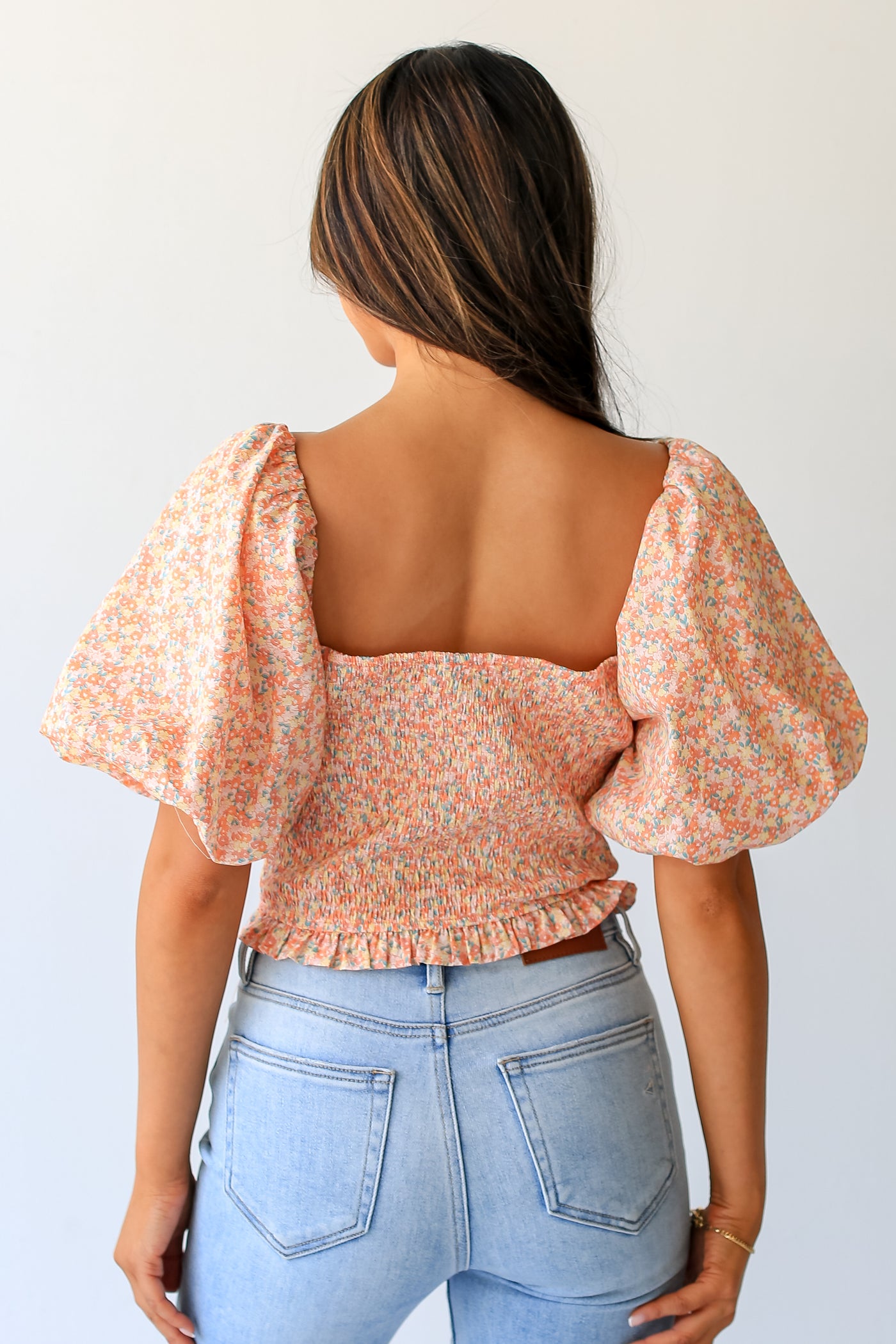 peach Floral Smocked Cropped Blouse back view