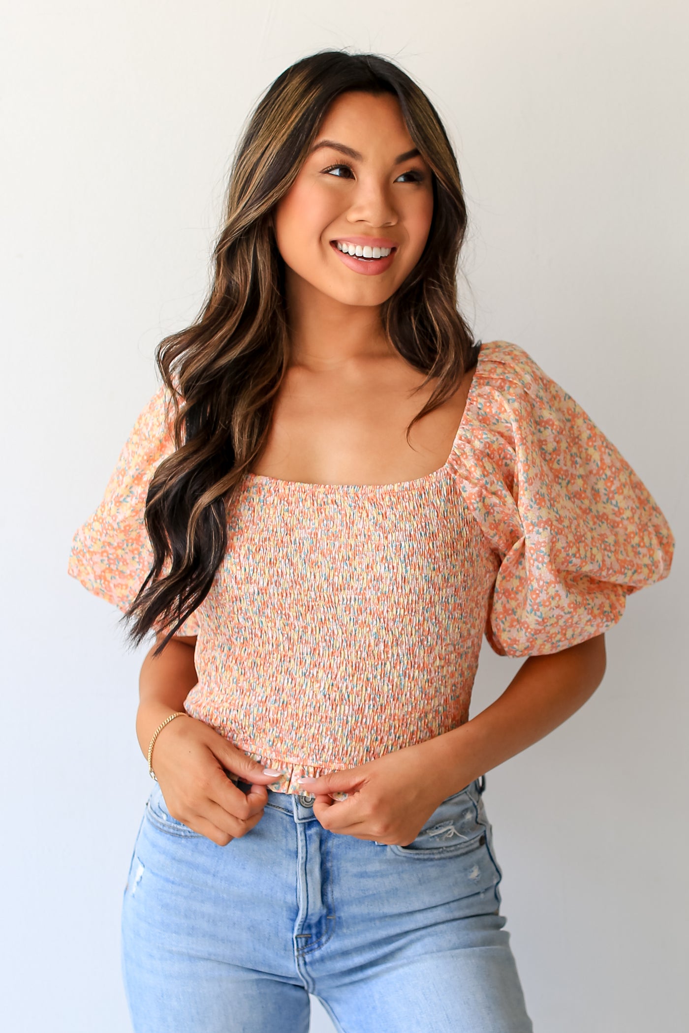 peach Floral Smocked Cropped Blouse on dress up model