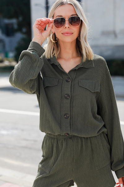 olive Ribbed Knit Button-Up Top on model