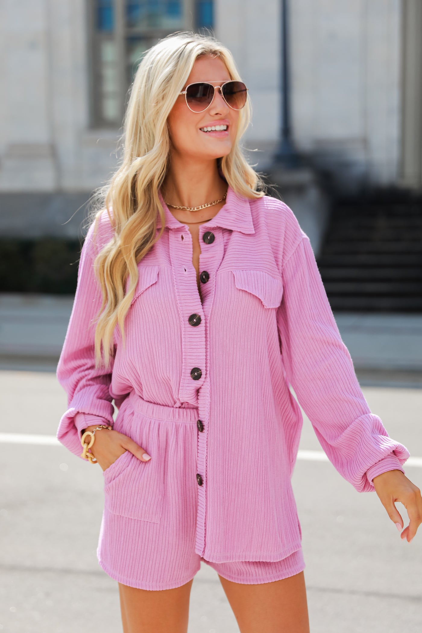 lavender Ribbed Knit Button-Up Top
