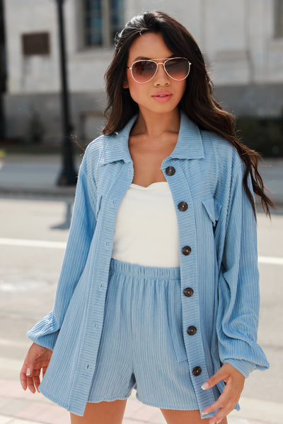 blue Ribbed Knit Button-Up Top on model