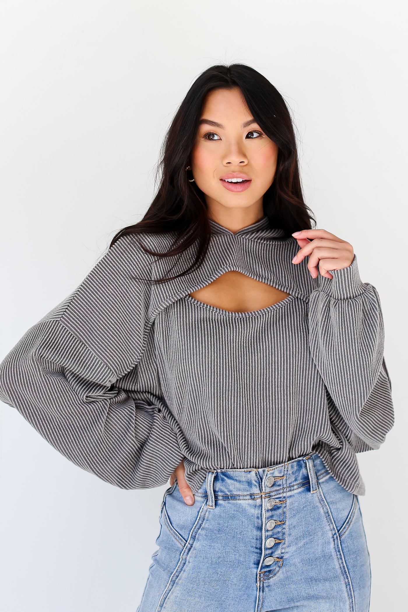Grey Corded Cutout Cropped Hoodie on model