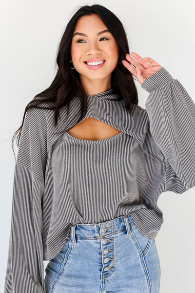 Grey Corded Cutout Cropped Hoodie front view