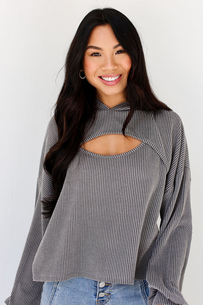 Grey Corded Cutout Cropped Hoodie close up