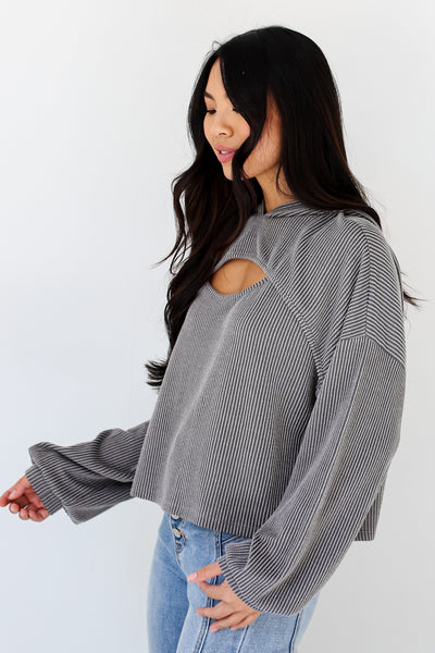 Grey Corded Cutout Cropped Hoodie side view