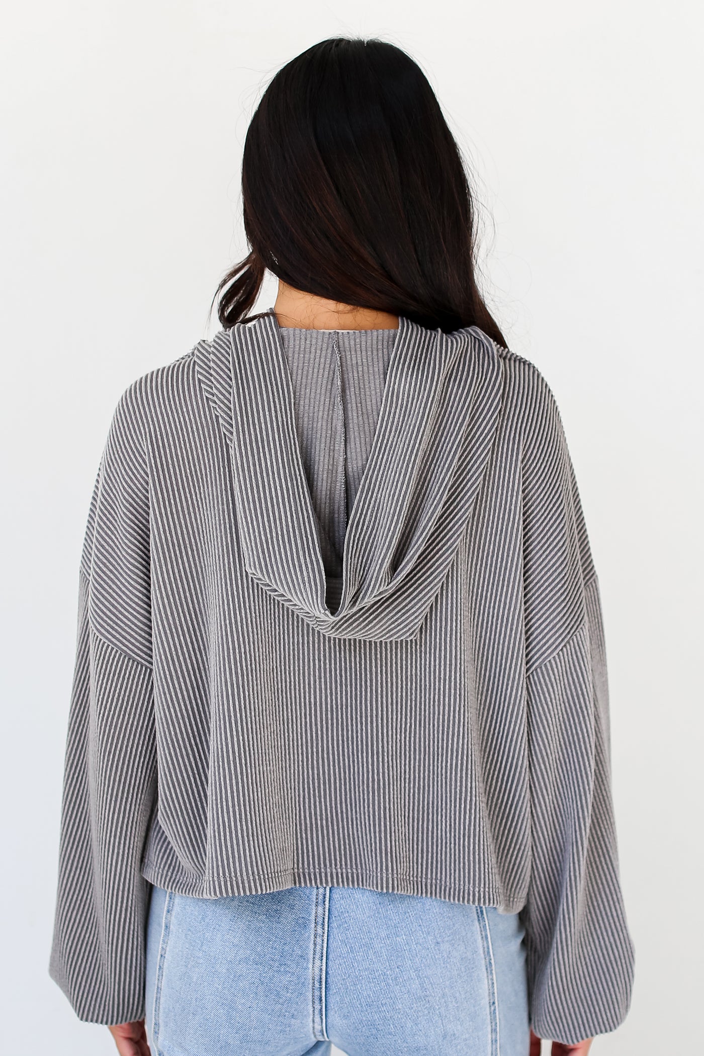 Grey Corded Cutout Cropped Hoodie back view