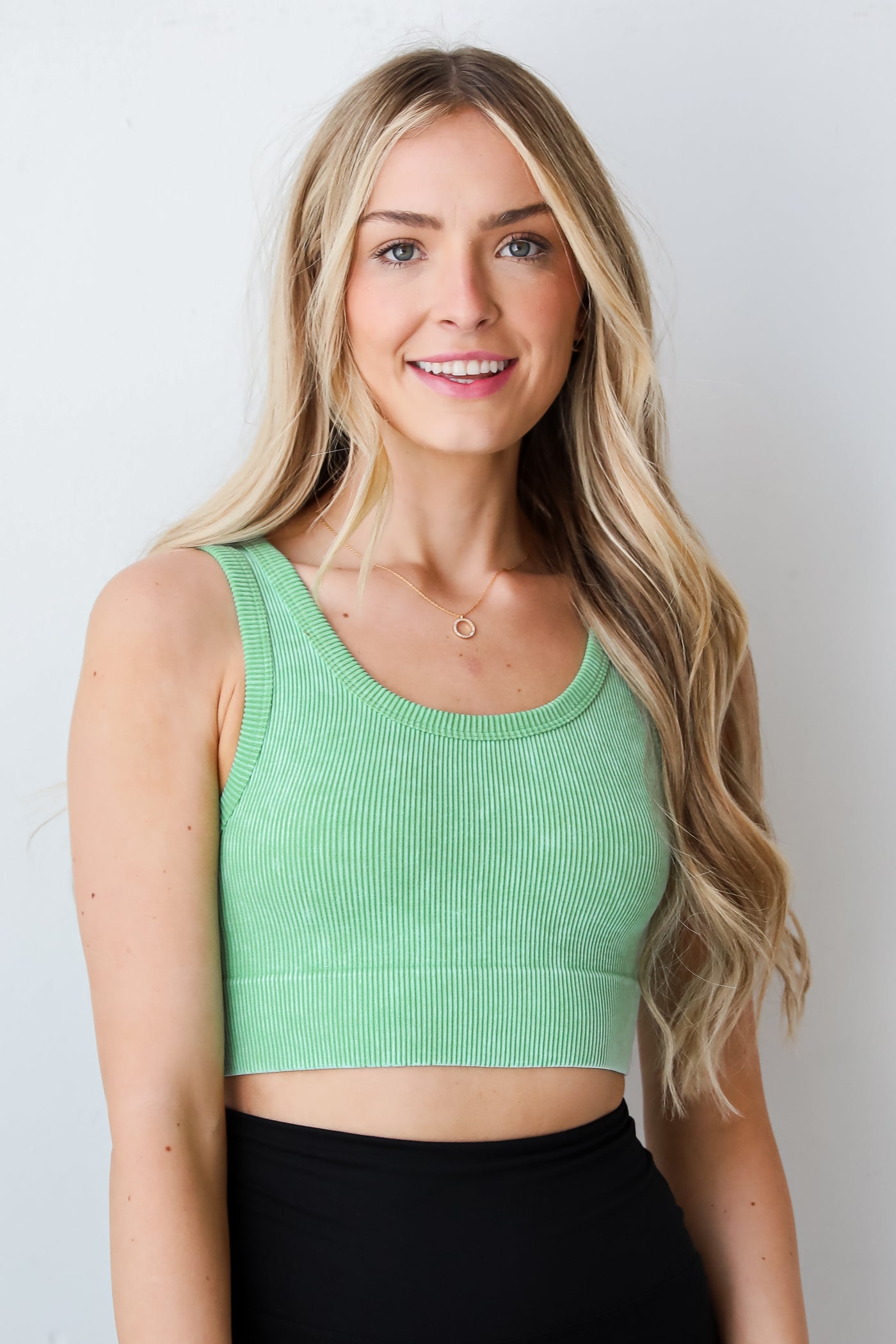 green Ribbed Seamless Cropped Tank