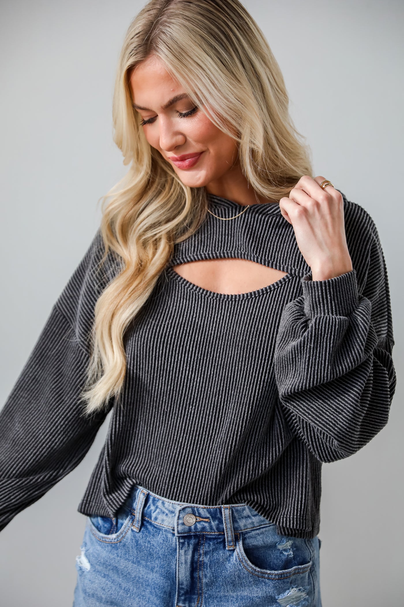 Charcoal Corded Cutout Cropped Hoodie