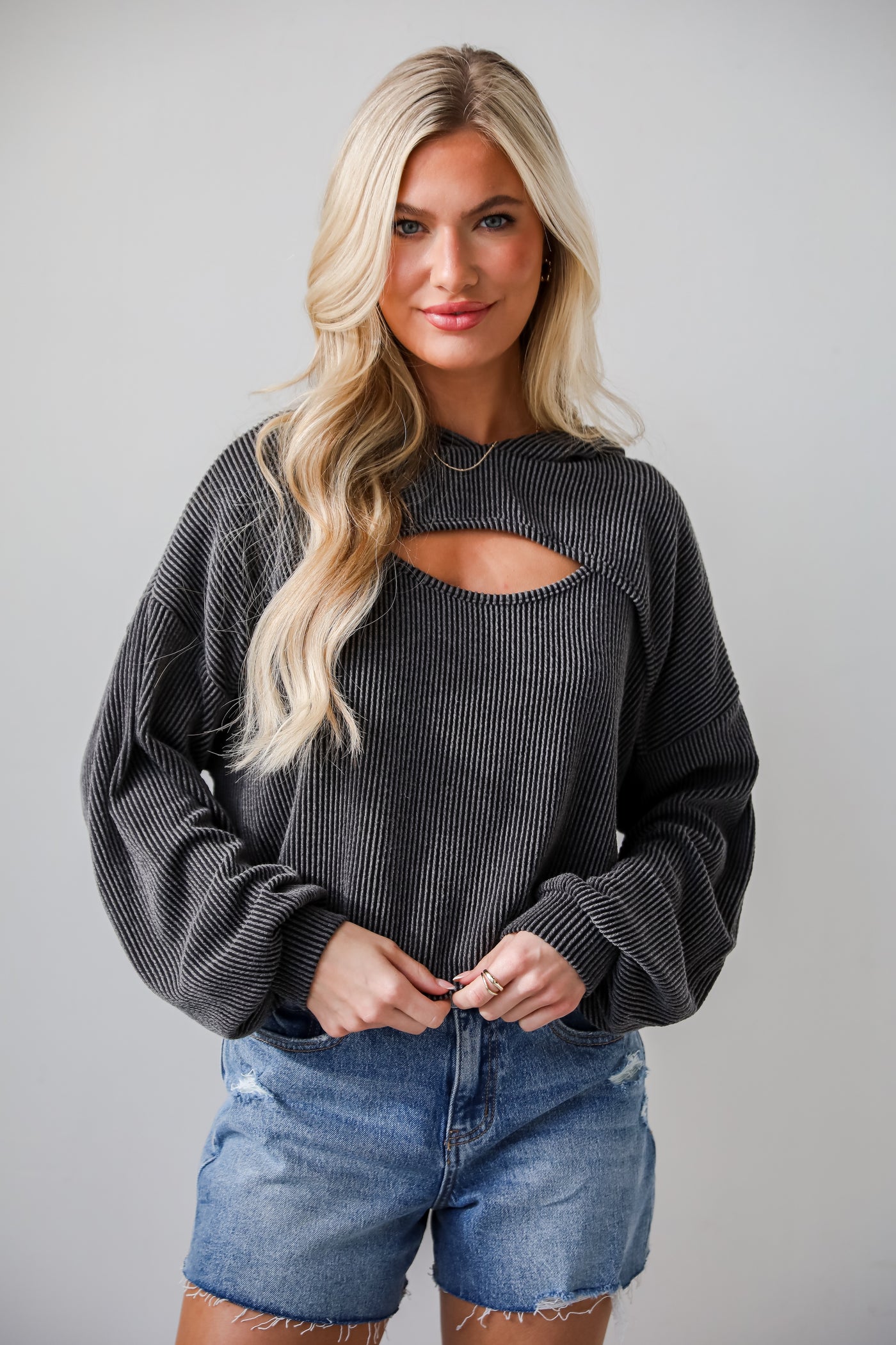 cute Charcoal Corded Cutout Cropped Hoodie