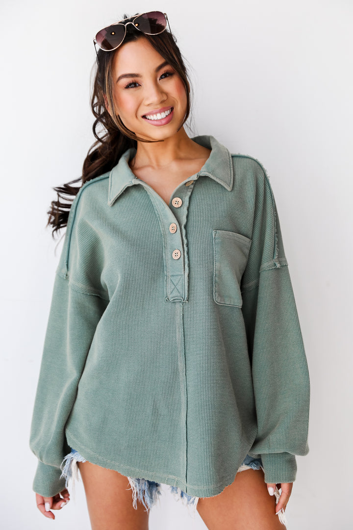 casual sage Knit Collared Henley Top